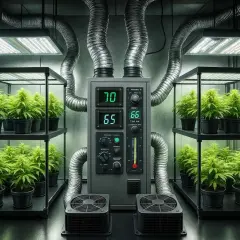 Un sistema di coltivazione indoor con piante di cannabis in vaso, illuminato da luci LED e controllato da un master controller centrale con display digitali.