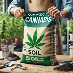 Un sacco di terra per marijuana, con una foglia di cannabis verde, pronto per la coltivazione.