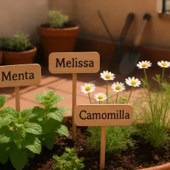 Un vaso con menta, melissa e camomilla, pronte per essere coltivate. La camomilla è in fiore, un segno che è il momento giusto per la semina.