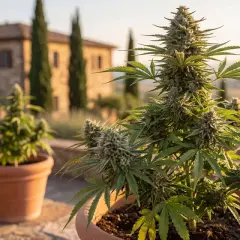 Piante di marijuana outdoor in vaso, con una casa in stile toscano sullo sfondo al tramonto.