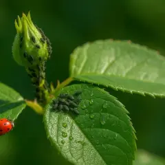 Coccinella rossa su foglia verde, circondata da un gruppo di pidocchi piccolissimi che infestano un bocciolo di rosa.