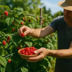 Uomo con cappello di paglia raccoglie lamponi maturi in un cesto, mostrando la cura nella coltivazione dei lamponi.
