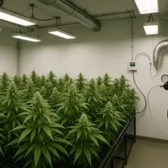 Serra con piante di cannabis in crescita, sistema di ventilazione e bombola di CO2. Ecco come usare le pasticche di CO2 per potenziare la crescita.