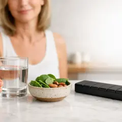 Donna con bicchiere d'acqua, ciotola di spinaci e mandorle, e portapillole. Una dieta equilibrata fornisce magnesio e potassio alle piante del corpo.