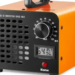 Ozonizzatore per eliminare la muffa, con timer e display umidità. Avvertenza: usare solo in spazi non occupati.