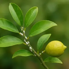 Ramo di limone con cocciniglia cotonosa. L'olio di neem è un rimedio naturale per combattere questi parassiti.