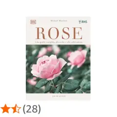 Copertina libro "Rose: una guida completa alla scelta e alla coltivazione". Rosa rosa con gocce d'acqua. Perfetto per chi ama coltivare rose.