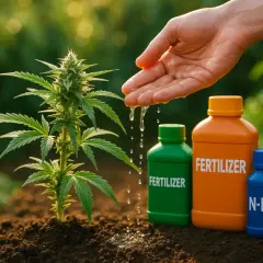 Una mano innaffia una piantina di cannabis. Accanto, bottiglie di fertilizzante, come da tabella Biobizz autofiorenti.
