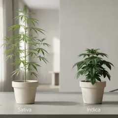 Due piante di cannabis in vaso, una Sativa alta e slanciata, l'altra Indica più compatta e folta. I tricomi brillano sui loro steli.