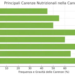 Grafico a barre mostra le principali carenze nutrizionali nella cannabis. Il potassio è presente con una frequenza e gravità del 65%.