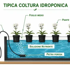 Sistema idroponico con piante in vasi a rete immersi in soluzione nutriente. Pompa d'aria ossigena l'acqua, essenziale per la crescita delle piante, inclusa l'assimilazione di azoto.