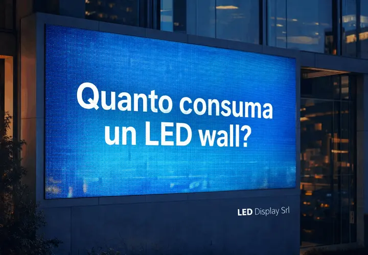 Schermo LED gigante con la domanda "Quanto consuma un LED wall?". Utile per chi vuole misurare consumo elettrico.