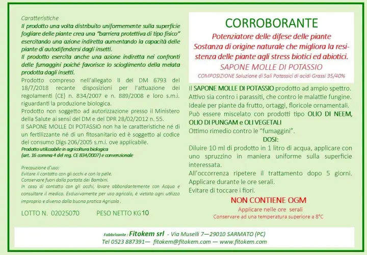 Sapone molle di potassio, ideale per le piante, con dosi per l'uso. Migliora la resistenza agli stress biotici e abiotici.