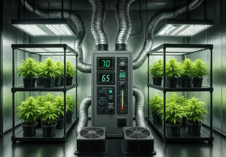 Un sistema di coltivazione indoor con piante di cannabis in vaso, illuminato da luci LED e controllato da un master controller centrale con display digitali.
