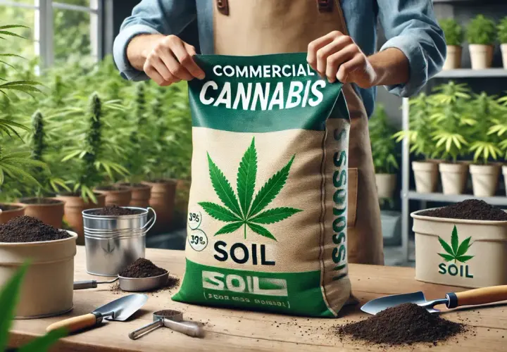 Un sacco di terra per marijuana, con una foglia di cannabis verde, pronto per la coltivazione.