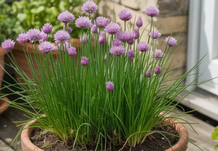 Erba cipollina semina in vaso, con fiori viola a grappolo e foglie verdi. Un tocco di freschezza per la tua cucina.