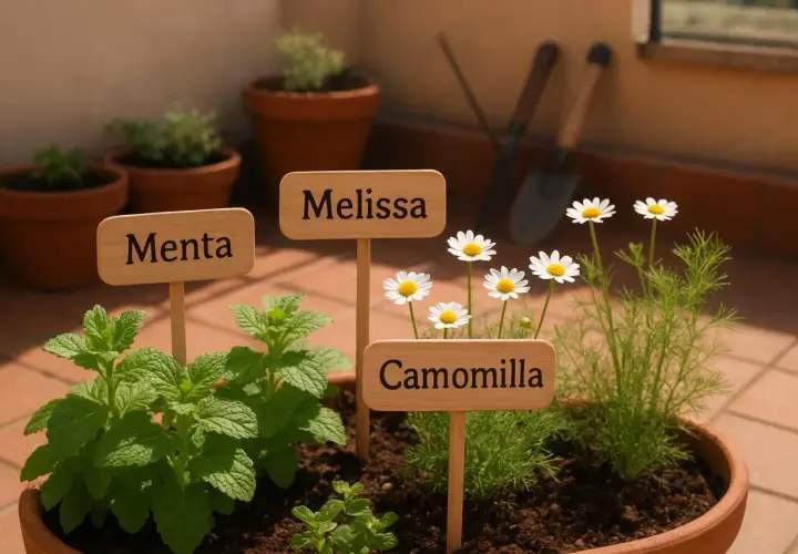 Un vaso con menta, melissa e camomilla, pronte per essere coltivate. La camomilla è in fiore, un segno che è il momento giusto per la semina.