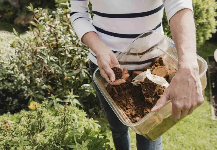 Mani che raccolgono fondi di caffè per creare un fertilizzante naturale fatto in casa, un gesto ecologico per il giardino.