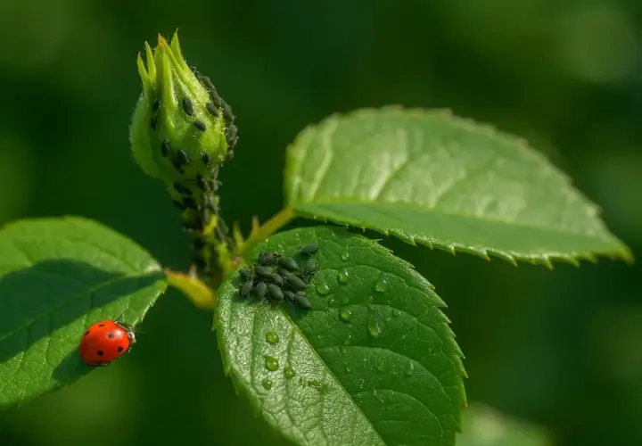 Coccinella rossa su foglia verde, circondata da un gruppo di pidocchi piccolissimi che infestano un bocciolo di rosa.