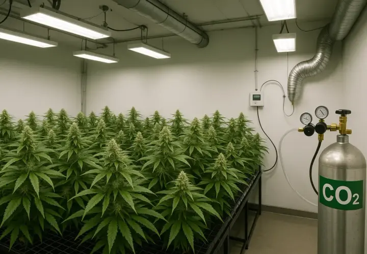 Serra con piante di cannabis in crescita, sistema di ventilazione e bombola di CO2. Ecco come usare le pasticche di CO2 per potenziare la crescita.