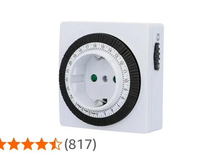 White mechanical timer with a 24-hour dial and a side switch.
