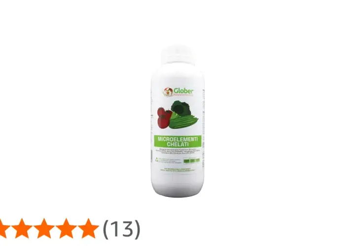 Flacone di microelementi chelati per piante, con immagini di pomodori, broccoli e cetrioli.