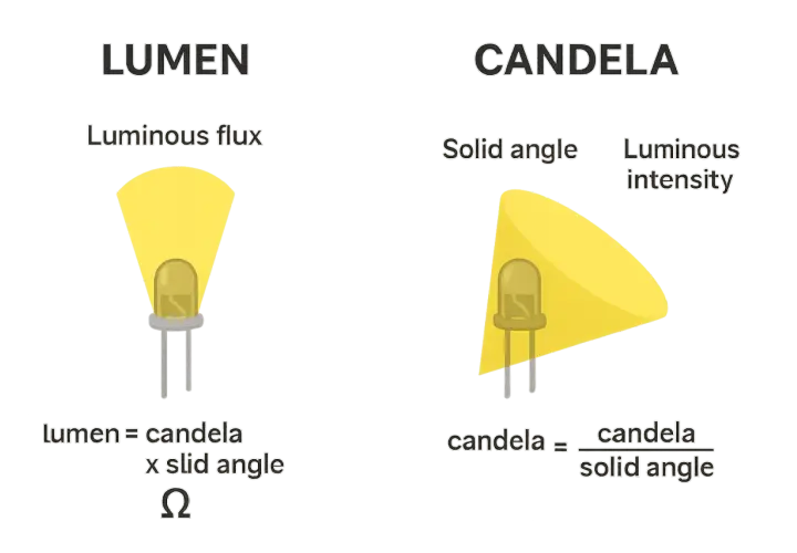 Lumen e candela: due modi di misurare la luce. Il lumen misura il flusso luminoso totale, la candela l'intensità in una direzione.