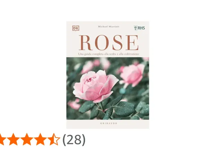 Copertina libro "Rose: una guida completa alla scelta e alla coltivazione". Rosa rosa con gocce d'acqua. Perfetto per chi ama coltivare rose.