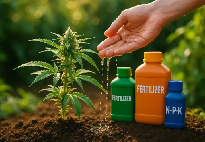 Una mano innaffia una piantina di cannabis. Accanto, bottiglie di fertilizzante, come da tabella Biobizz autofiorenti.