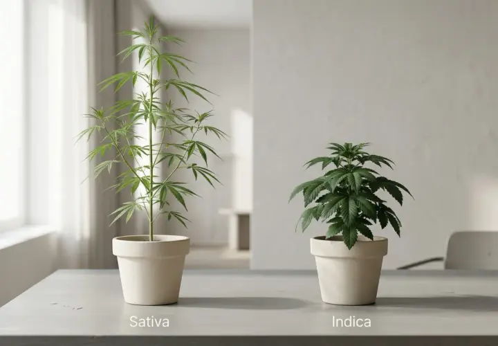 Due piante di cannabis in vaso, una Sativa alta e slanciata, l'altra Indica più compatta e folta. I tricomi brillano sui loro steli.