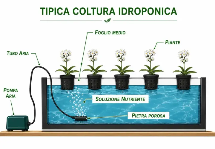 Coltura idroponica con piante in vasi a rete immersi in soluzione nutriente. Pompa aria e pietra porosa ossigenano l'acqua, fondamentale per la crescita ottimale, anche per la cannabis, mantenendo la giusta temperatura.