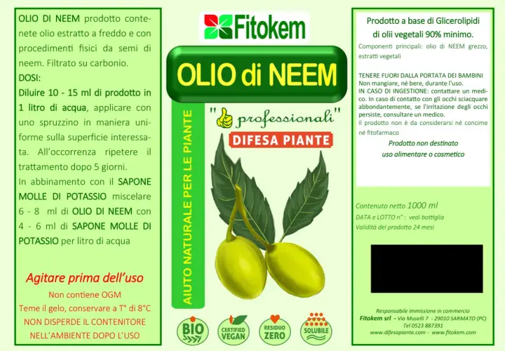 Olio di neem per la difesa naturale delle piante. Prodotto biologico, vegano, a residuo zero, solubile. Ideale per l'agricoltura.