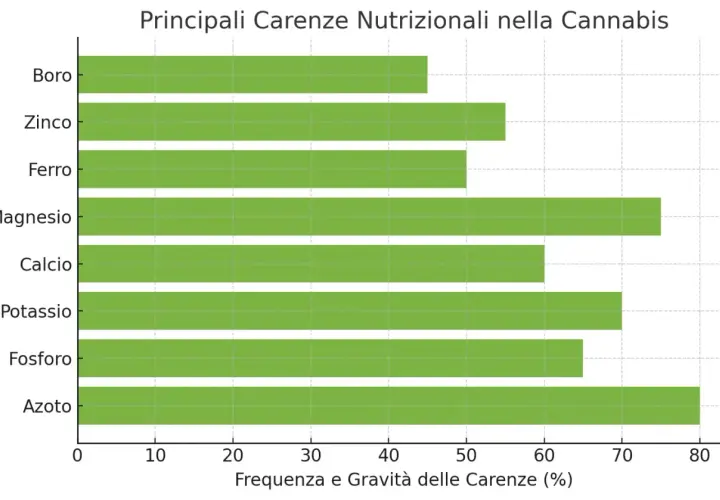 Grafico a barre mostra le principali carenze nutrizionali nella cannabis. Il potassio è presente con una frequenza e gravità del 65%.