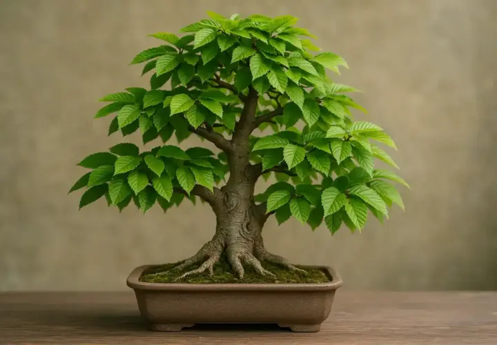 Un bonsai rigoglioso, con radici aeree evidenti, in un vaso marrone. Un esempio di come si cura un bonsai per mantenerlo sano e bello.