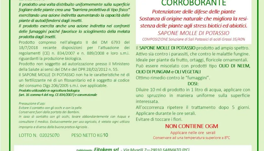 Sapone molle di potassio, ideale per le piante, con dosi per l'uso. Migliora la resistenza agli stress biotici e abiotici.