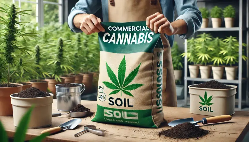 Un sacco di terra per marijuana, con una foglia di cannabis verde, pronto per la coltivazione.