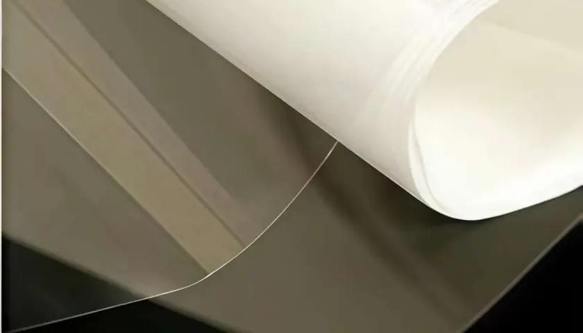 Foglio di materiale riflettente luce, trasparente e bianco, con pieghe morbide.