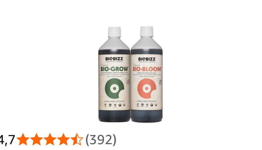 Due bottiglie di fertilizzante Biobizz: Bio-Grow e Bio-Bloom, per una crescita e fioritura ottimali.