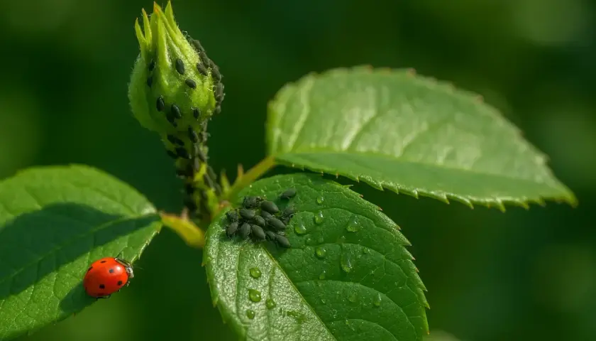 Coccinella rossa su foglia verde, circondata da un gruppo di pidocchi piccolissimi che infestano un bocciolo di rosa.