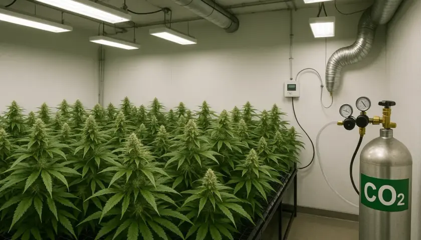 Serra con piante di cannabis in crescita, sistema di ventilazione e bombola di CO2. Ecco come usare le pasticche di CO2 per potenziare la crescita.