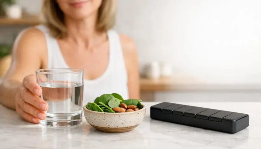 Donna con bicchiere d'acqua, ciotola di spinaci e mandorle, e portapillole. Una dieta equilibrata fornisce magnesio e potassio alle piante del corpo.