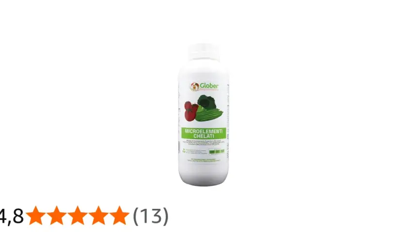 Flacone di microelementi chelati per piante, con immagini di pomodori, broccoli e cetrioli.