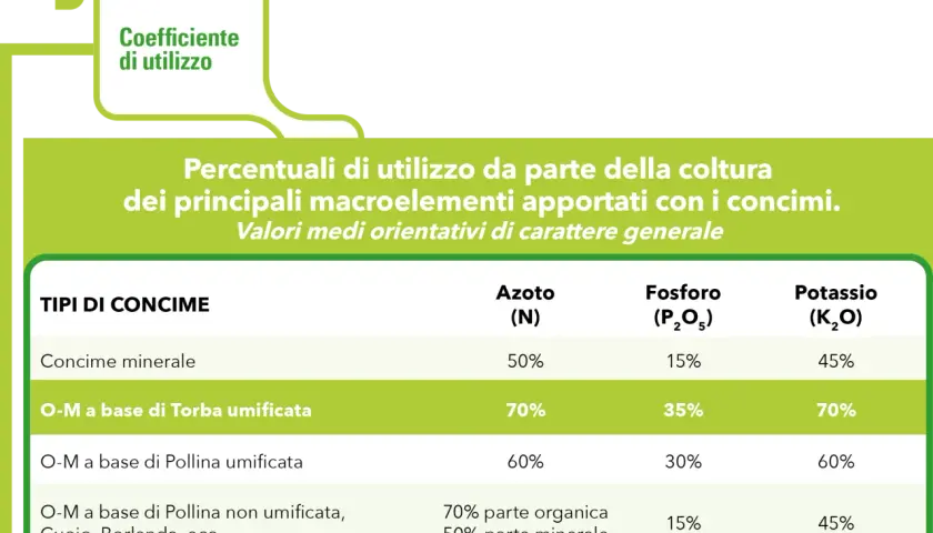 Tabella che confronta l'efficacia di diversi tipi di concime, inclusi quelli organo-minerali, nel fornire macroelementi alle colture.