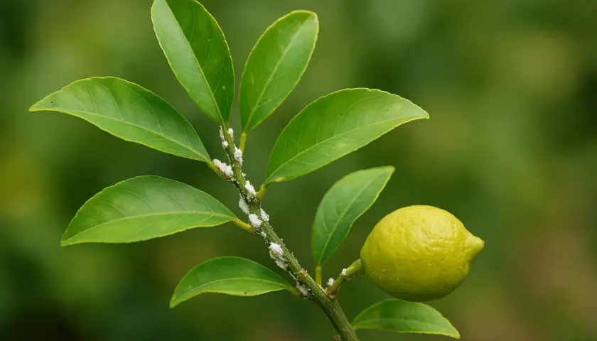 Ramo di limone con cocciniglia cotonosa. L'olio di neem è un rimedio naturale per combattere questi parassiti.