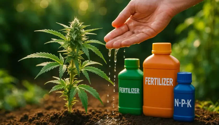 Una mano innaffia una piantina di cannabis. Accanto, bottiglie di fertilizzante, come da tabella Biobizz autofiorenti.