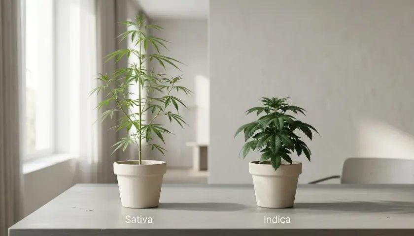 Due piante di cannabis in vaso, una Sativa alta e slanciata, l'altra Indica più compatta e folta. I tricomi brillano sui loro steli.