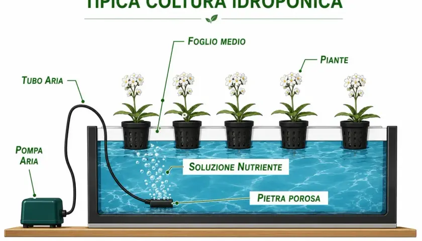 Coltura idroponica con piante in vasi a rete immersi in soluzione nutriente. Pompa aria e pietra porosa ossigenano l'acqua, fondamentale per la crescita ottimale, anche per la cannabis, mantenendo la giusta temperatura.