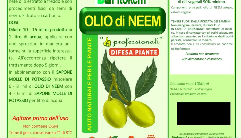 Olio di neem per la difesa naturale delle piante. Prodotto biologico, vegano, a residuo zero, solubile. Ideale per l'agricoltura.