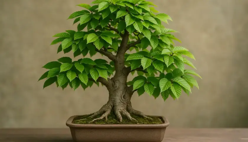 Un bonsai rigoglioso, con radici aeree evidenti, in un vaso marrone. Un esempio di come si cura un bonsai per mantenerlo sano e bello.