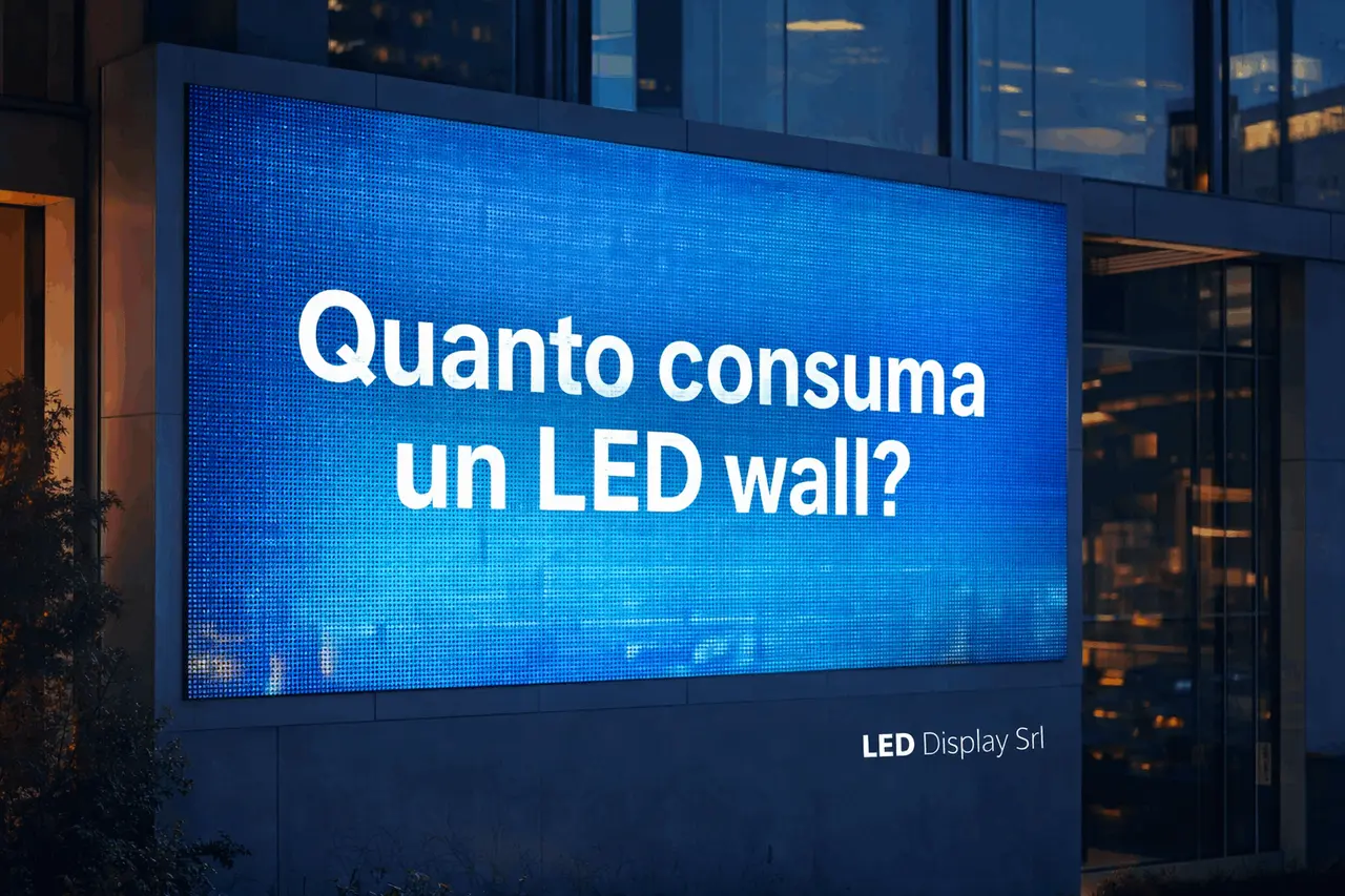 Schermo LED gigante con la domanda "Quanto consuma un LED wall?". Utile per chi vuole misurare consumo elettrico.
